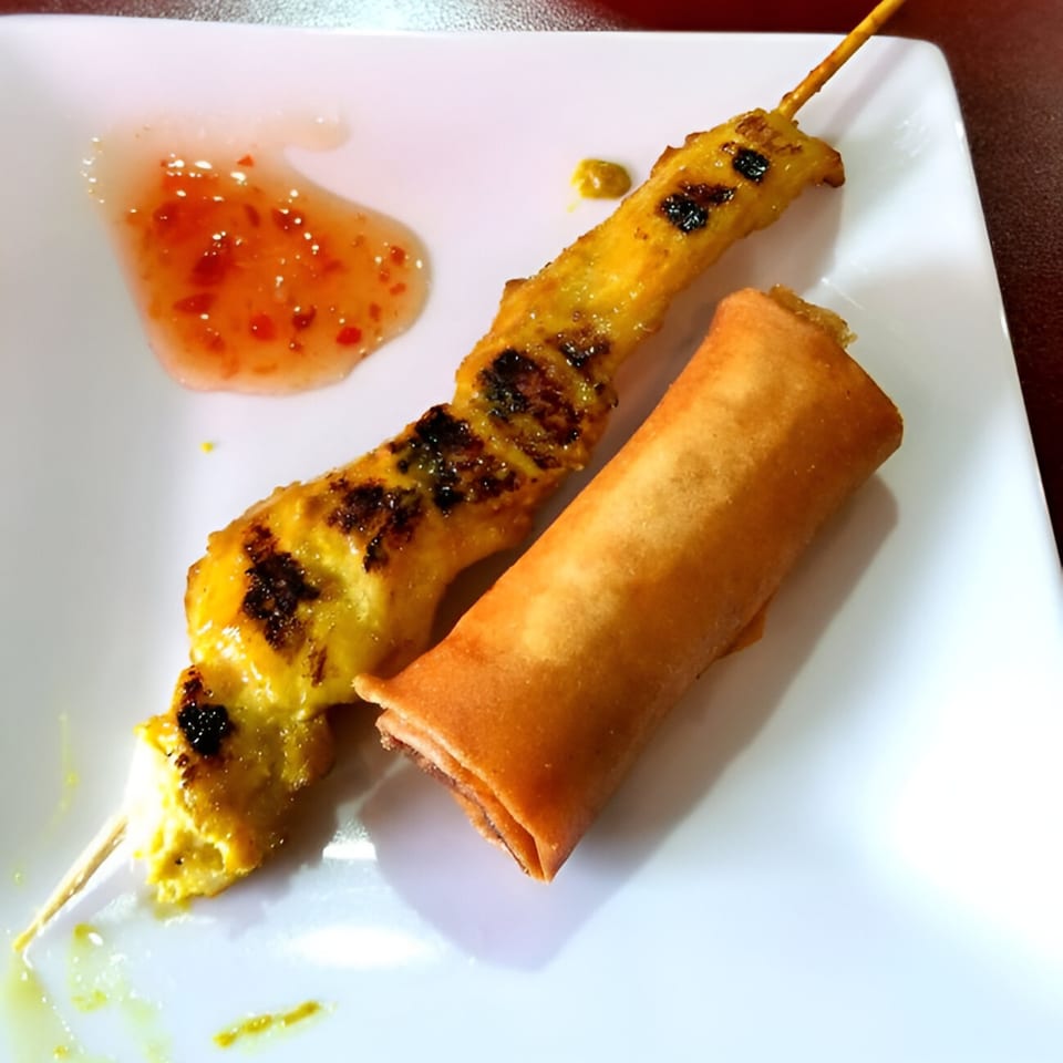 A chicken satay skewer, an egg roll, and sweet chili sauce on a white plate.